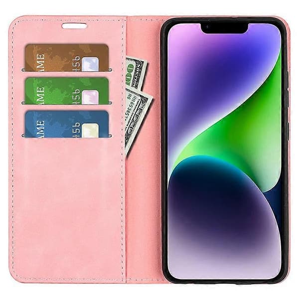 Kompatibel med iPhone 15 Ridsefast PU-læderpungcover med stativfunktion Pink