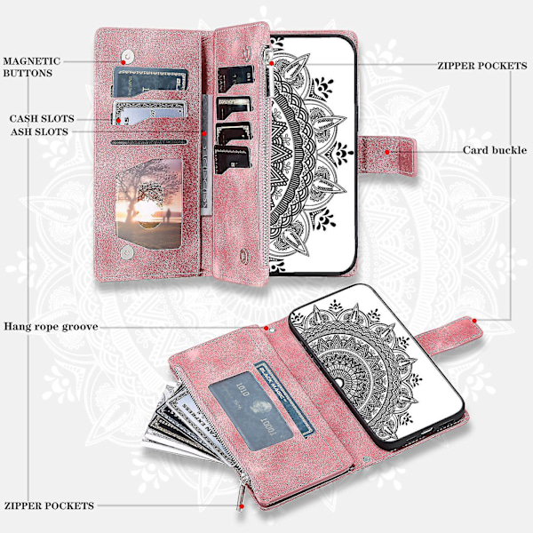 För Samsung Galaxy A54 5G PU Läder Mandala Blomma Präglat Handväska Blixtlåsficka Fodral Ställ Flera Kortplatser Flipskydd med Rem-B6 Roséguld