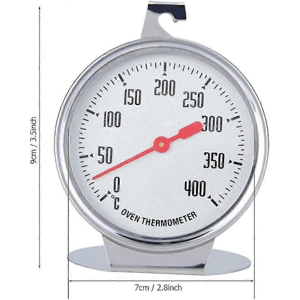 Kjøkkentermometer, rustfritt stål ovnstermometer 400 grader ovn matlagingstermometer med krok for oppheng eller stående i ovnen - 7 x 9 cm