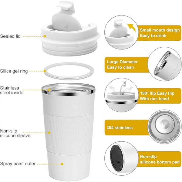 Resemugg Återanvändbara Isolerade Kaffekoppar Vakuumisolerade Flaskor Rostfritt Stål Termosmugg för Varma och Kalla Drycker (Vit, 510ml)