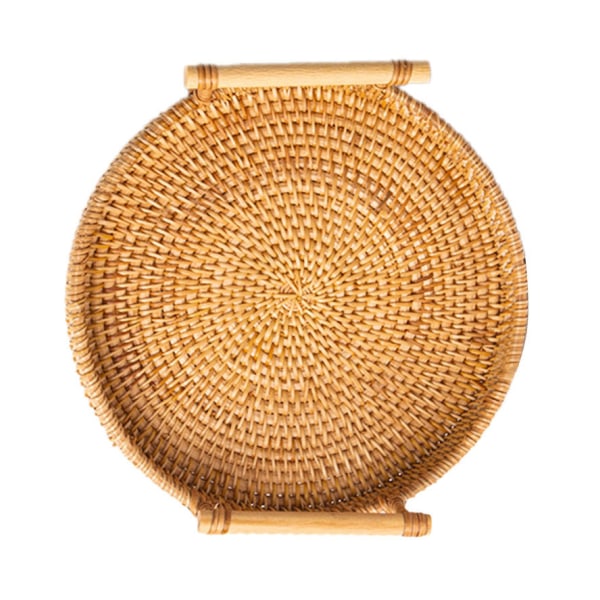 Håndvævet rund flettet bakke af rotting til servering af brød, frugt, desserter og snacks med håndtag, diameter 24 cm, højde 3 cm