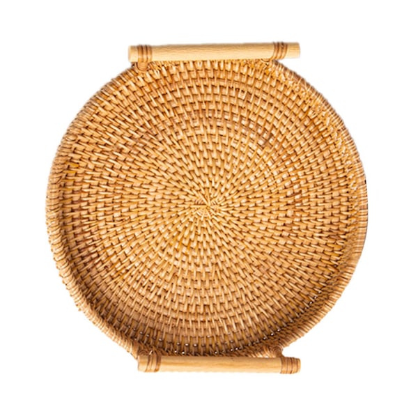 Håndvevd rund flettet serveringsbrett i rotting, brødfrukt dessert snacks kurv med håndtak, diameter 24 cm, høyde 3 cm
