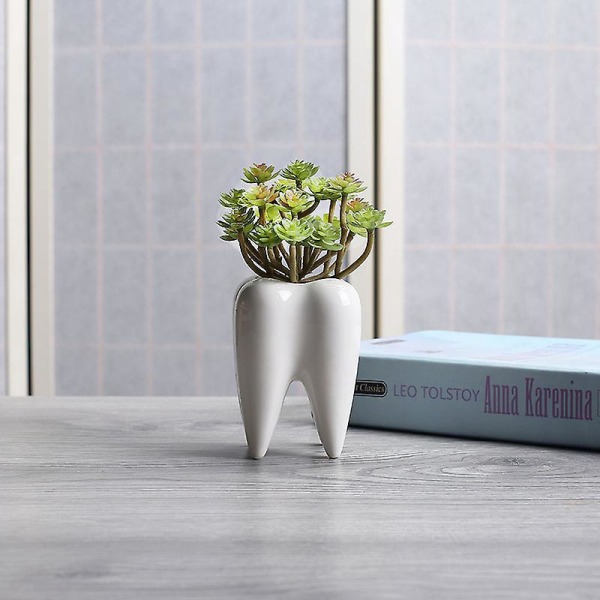 Sett med 2 hvite keramiske tannformede sukkulentplanter - miniblomsterpotter for hjemme- og kontorinnredning