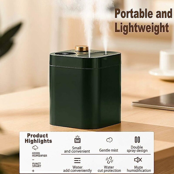 Trådløs Luftfukter, 5 Stille Spraymoduser, Med Strømdisplay (800ml Grønn)