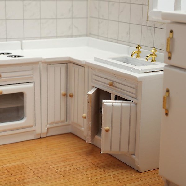 Miniatyrköksmöbler Set - Vit Trä 1:12 Skala Minihus Tillbehör - Perfekt Födelsedagspresent!