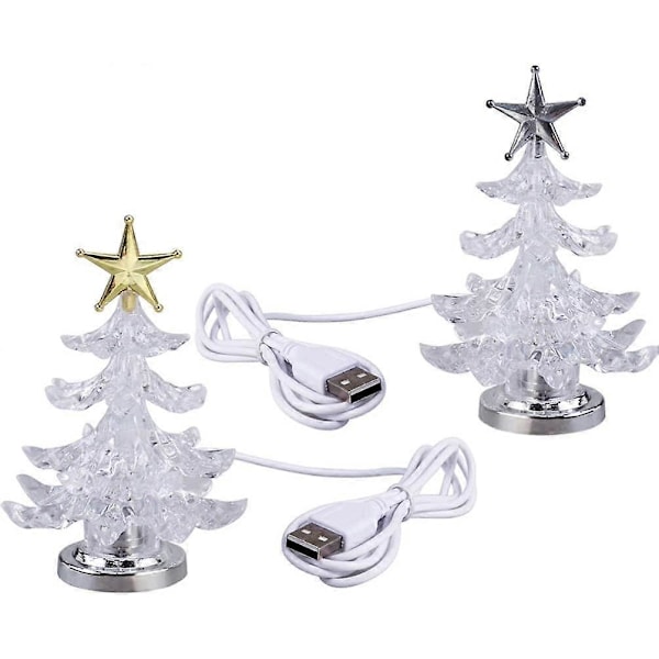 Sett med 2 fargerike akryl juletre LED bordlamper med USB