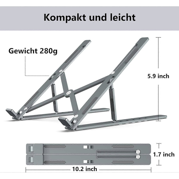 Laptopstativ, Aluminium Ventilert Laptopstativ 6 Nivå Justerbart Ergonomisk Laptopstativ, Grå