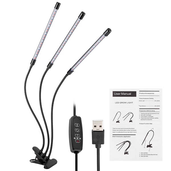 30W USB 3-rör flexibel LED växtlampa fullspektrum växtlampa med klämma för inomhusväxter