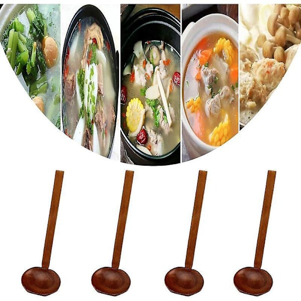Tresleiv, 4 stk. Skje med skilpadde, naturlig langskaftet serveringsleiv i tre for grøt, suppe, ramen, hot pot, restaurant, kjøkken, brun