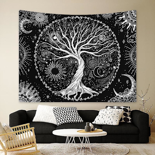 Livets Træ Tapet Måne og Sol Sort Psykedelisk Vægophæng Stjerne Mandala Hippie Vægdekoration til Soveværelse Kollegie Fest (150x200cm)