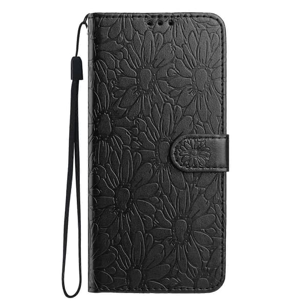 Leather Case with Embossed Daisy Pattern, Wallet Stand, Protective Phone Cover for Samsung Galaxy A56 5G Black