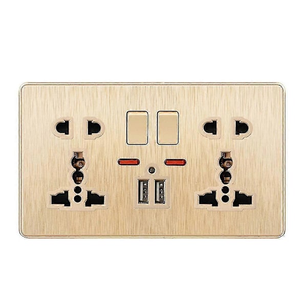 Multifunksjonell UK 13a Veggkontakt Trykknapp 2.1a Doble USB-ladeportar Tre-hulls To-hulls Hjem Zekai Gull