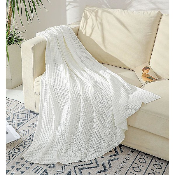 Lett vaffelpiké bomullsdyne for sofa og seng - hvit (130x150 cm)