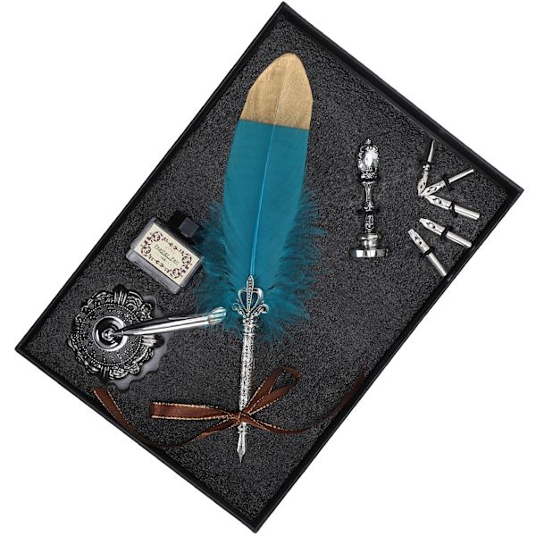 Fjærpenn Vintage Skrivetegning Penn Utskiftning Nib Seal Tom Blekkflaske Kit Blå