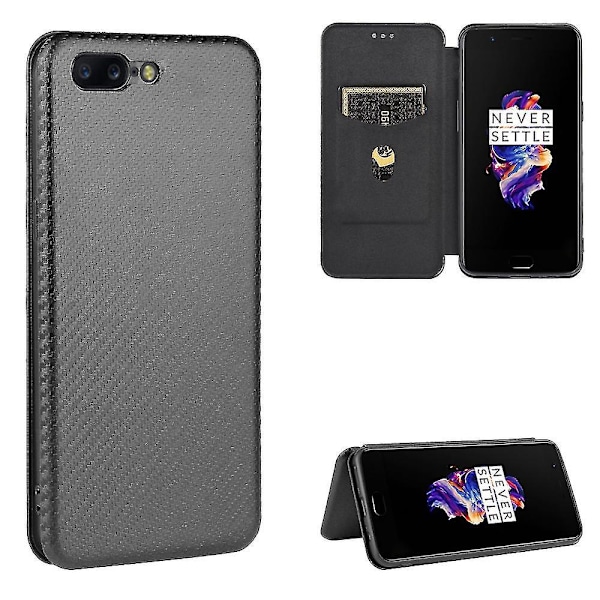 Til Oneplus 5 Kulfiber Læder Etui-B6 Sort
