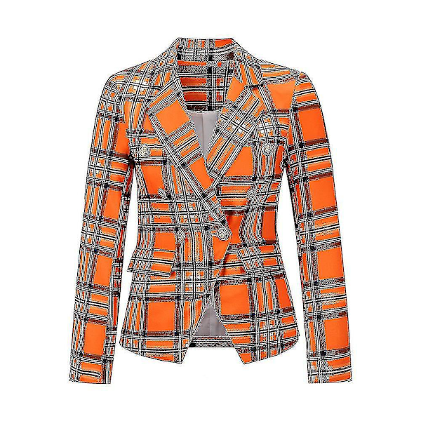 Snygg dam slim fit tartan kavaj - knapp långärmad kappa jacka kostym M orange