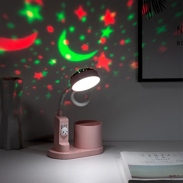 Søt Oppladbar Barnebordlampe Mini Skrivebordslys med Stjerneprojeksjon og Penneholder Perfekt Gave til Soverom