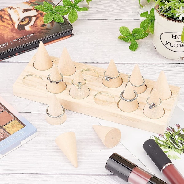 12 stk. Kjegleformet Utstillingsstativ i Tre med Brett, Fingerring Kjegle Organizer Ring Tårn Ring Smykke Utstillingsstativ Tre Utstillingsvindu for Ringer Smykker