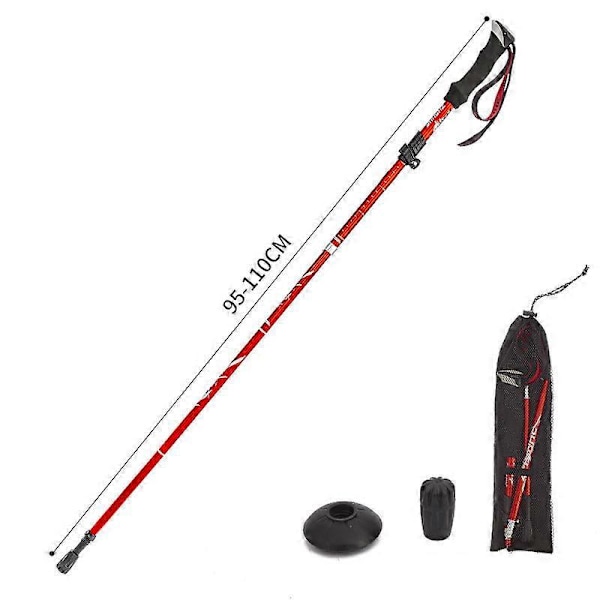 Vandringsstavar, hopfällbara vandringsstavar 95-110cm teleskopisk hopfällbar käpp med lerkorg aluminiumlegering för utomhusvandring promenader camping, röd