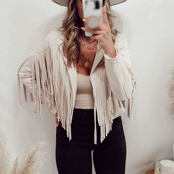 Moderigtig Beige Faux Suede Tassel Jakke til Kvinder