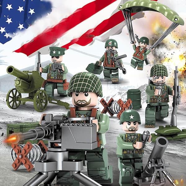 WW2 US Army Minifigures 6 WWII Soldiers with Multiple Equipment Parachute Building Blocks Toy Set