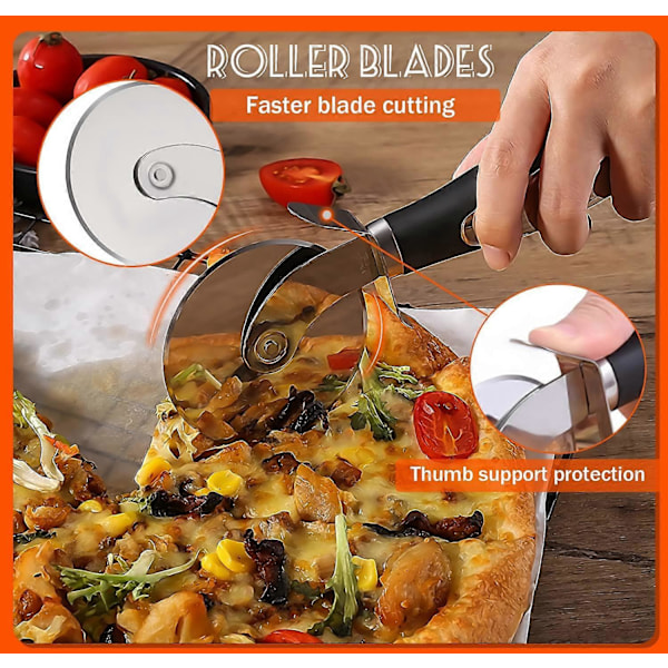 Pizzaleikkuri & Pizzalapiosetti, Ammattimainen ruostumattomasta teräksestä valmistettu pizzaleikkuripyörä, Pyörällä varustettu pizzalasta leivälle vohveleille pannukakuille