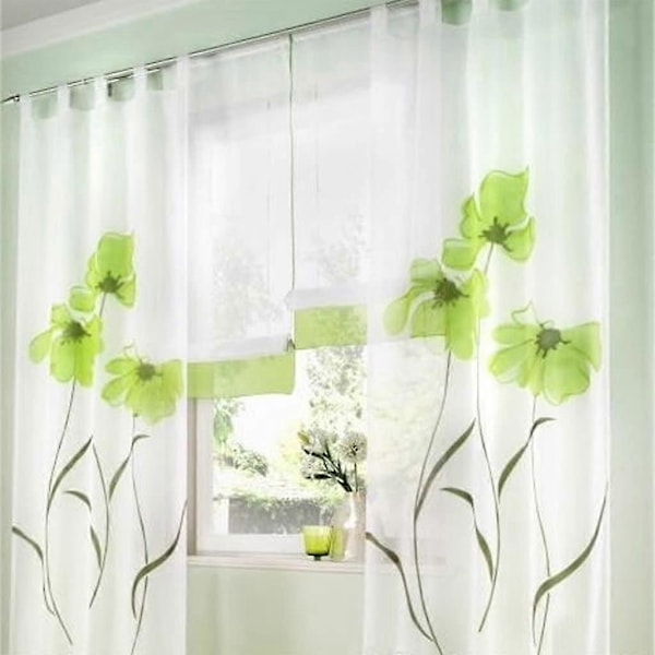 2 Stykker Gardin Tørklæde Gardin Print Blomster Gardin til Stue Soveværelse Loop Tørklæde (Bredde 150cm Højde 260cm, Grøn)