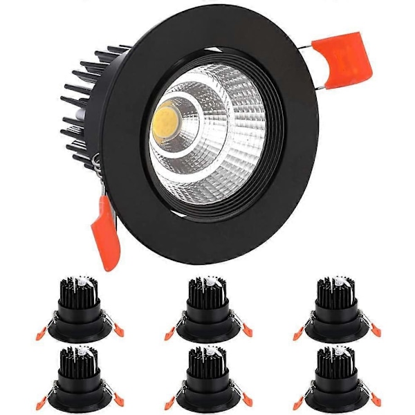 6-pack LED 7W COB Infälld Taklampa, AC 220-240V, Kallvit 6000K, Justerbar Vinkel 30, IP44, Utskärning 70-80mm, För Vardagsrum, Kök (Svart)