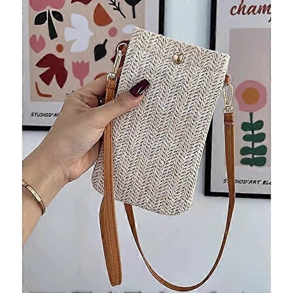 Hvide Crossbody Tasker, Casual Vævede Stråtasker til Kvinder, Vævede Skuldertasker, Mobiltelefontasker