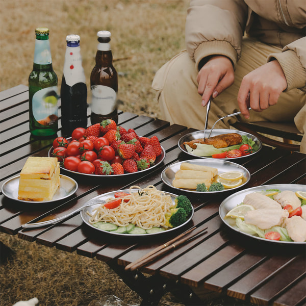 Udendørs Picnic Rustfrit Stål Middagstallerken Sæt Runde Flade Grill Tallerken Camping Bestik 5stk