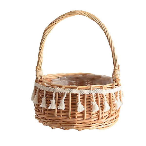 2 kpl Rustic Woven Rattan Kukkakori Käsittelyllä, Kahvalla, Pitsikoristeilla, Kukille ja Hedelmille, Hääihin, Syntymäpäiville ja Juhliin