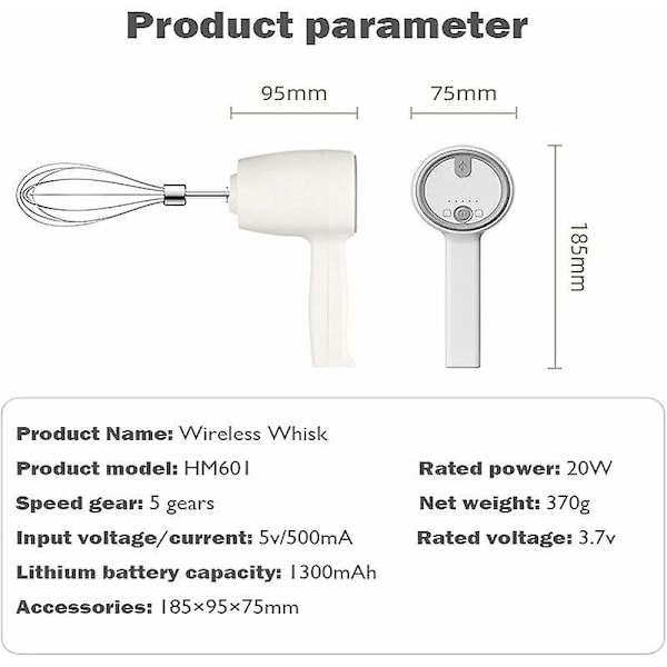 USB Uppladdningsbar Sladdlös Elektrisk Batteri, 5 Hastigheter 304 Rostfritt Stål Automatisk Visp, Multifunktionell Handmixer, Portabel Elektrisk Äggvisp