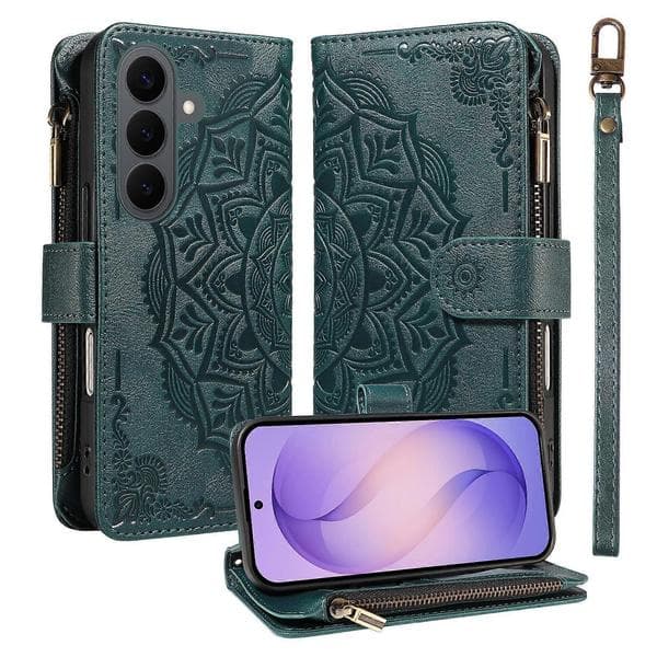 Compatible with Samsung Galaxy S26 Wallet Case Mandala Embossed Leather Flip Cover 9 Card Slots Zipper Pocket RFID Shell