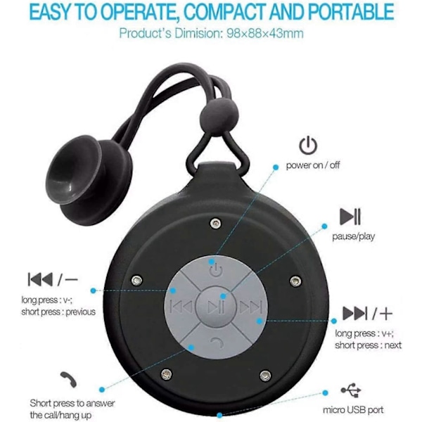 Portabel Trådlös Bluetooth Duschhögtalare med Sugkopp Duschhögtalare för Strand, Pool, Hem, Fest, Blå