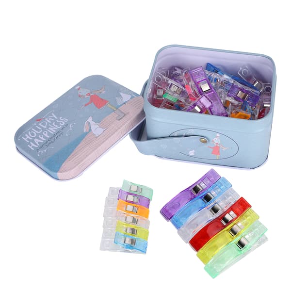 65 stk. syclips i plast, assorterede farver, til oplægning, patchwork, med hul, lang hale, til stofstrikning