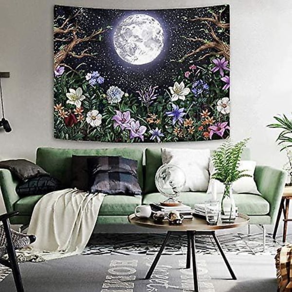 Estetisk Månträdgård Gobeläng Väggbonad, Nattscen med Färgglada Växter och Blommor Gobeläng för Sovrum Heminredning 130cm×150cm (50\"B × 60\"L)