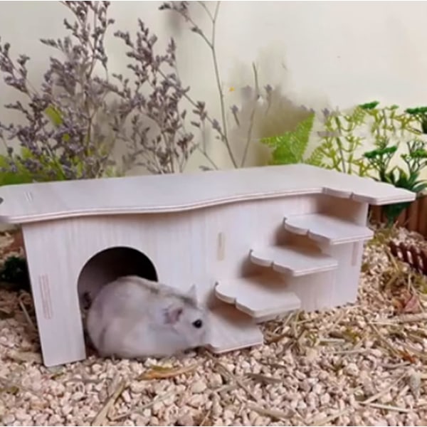 Træ Hamsterhus Gnaverbur Tilbehør til Dværghamster Marsvin Rotte Gerbil Gnaver, Hamsterhus Legetøj Hamster Marsvin Hytte, L (2 Værelser)