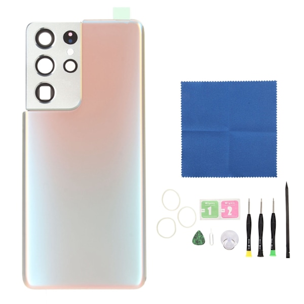 Bakdeksel i glass med forhåndsinstallert kameralinse og tapedeler, erstatning for Galaxy S21 Ultra Silver