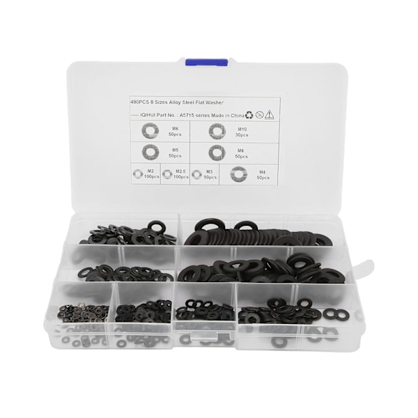 480 stk. flade skiver sortiment M2 M2.5 M3 M4 M5 M6 M8 M10 kulstofstål hardware til bil hjem