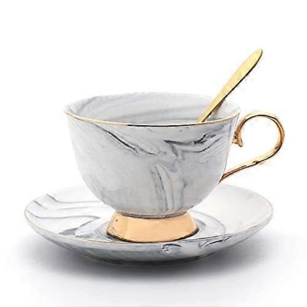 Marmor Keramisk Kop og Underkop Sæt Kamelia Mønstret Benporcelæn Kaffekrus Tekop Guld Kant med Kaffekop, Underkop og Ske, 200ml, Grå