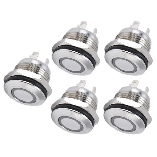5 stk. Knappbryter Rustfritt stål Flat Topp Knapp med LED Selvtilbakestilling Strømtilbehør 12mmAC220V Rød