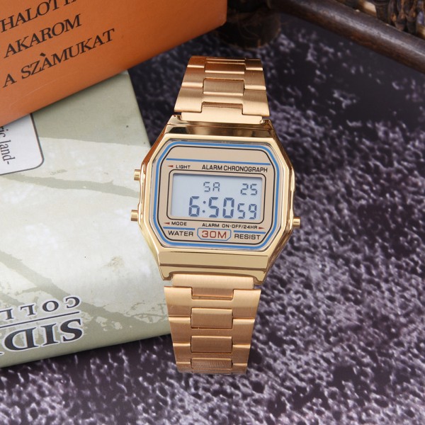 Digital LED-baggrundslys Elektronisk ur med rem i rustfrit stål Rektangelarmbåndsur (guld) Gold