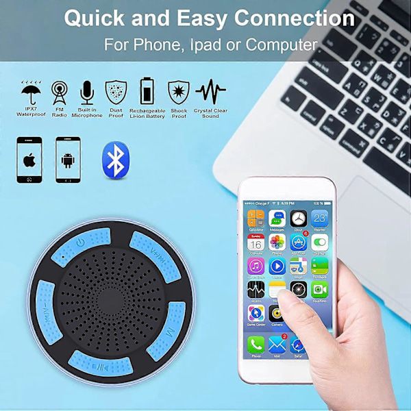 Vattentät Bluetooth-högtalare Bärbar Trådlös Duschhögtalare med HD-bas, FM-radio, Färgglad LED-effekt, Starkt Grepp