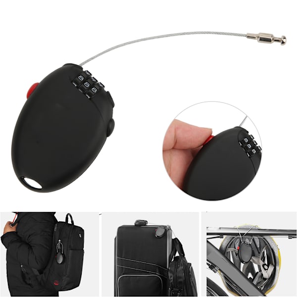L-01 Black Mini Multi 3-numeroinen salasana teräskaapelilukko Pyörän varkaudenesto vaijerilukko