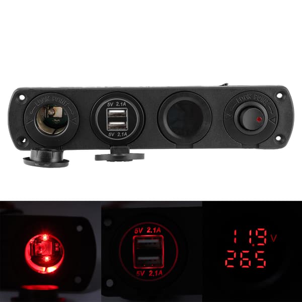 12V 4.2A 4 Huls Kontaktpanel Cigarettænderoplader 2 USB LED Temperatur Spændingsdisplay til Båd Bil Lastbil