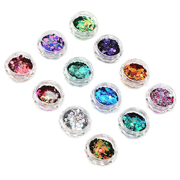Glittrande nagelkonstglitter, paljetter, nagelpaljetter, iriserande flingor, blandade färger, nagelglitter, 12 lådor/set