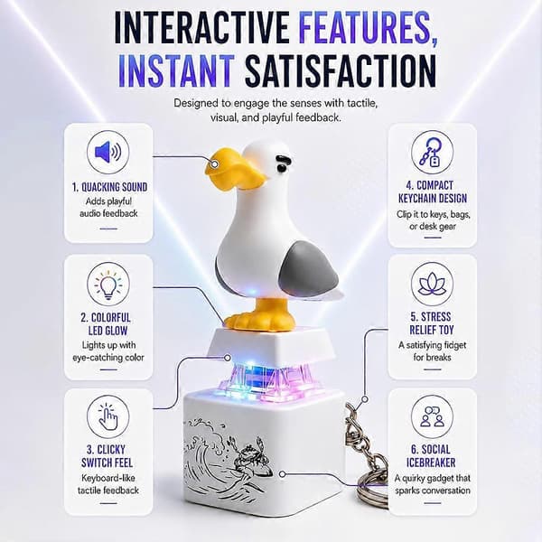 2 Pcs Seagull Button Keychain USB Rechargeable Stress Relief Sound & Light Seagull Fidgets Office Desk Stress Reliever
