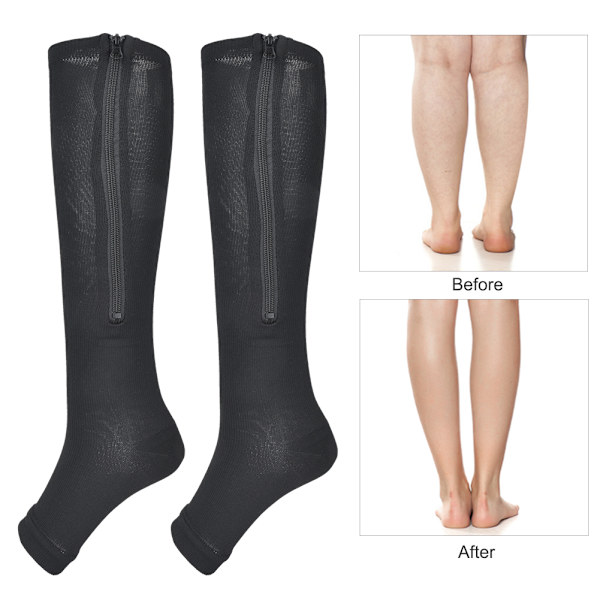 1 par lynlås mellem læglængde sok kompressionsstrømper Slanke leggings Stretch sokker åben tå (sort s M)