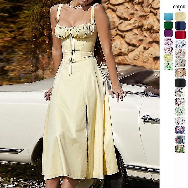 Blomstermønstret ærmeløs rynket buste split lår Boho Midi Kjole S Transparent