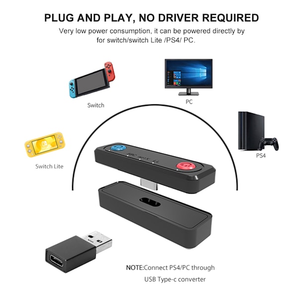 Trådløs Bluetooth 5.0 mottaker sender adapter 3,5 mm jack for bilmusikk lyd hodetelefon mottaker håndfri for Switch / Switch Lite/ PS4 / PC